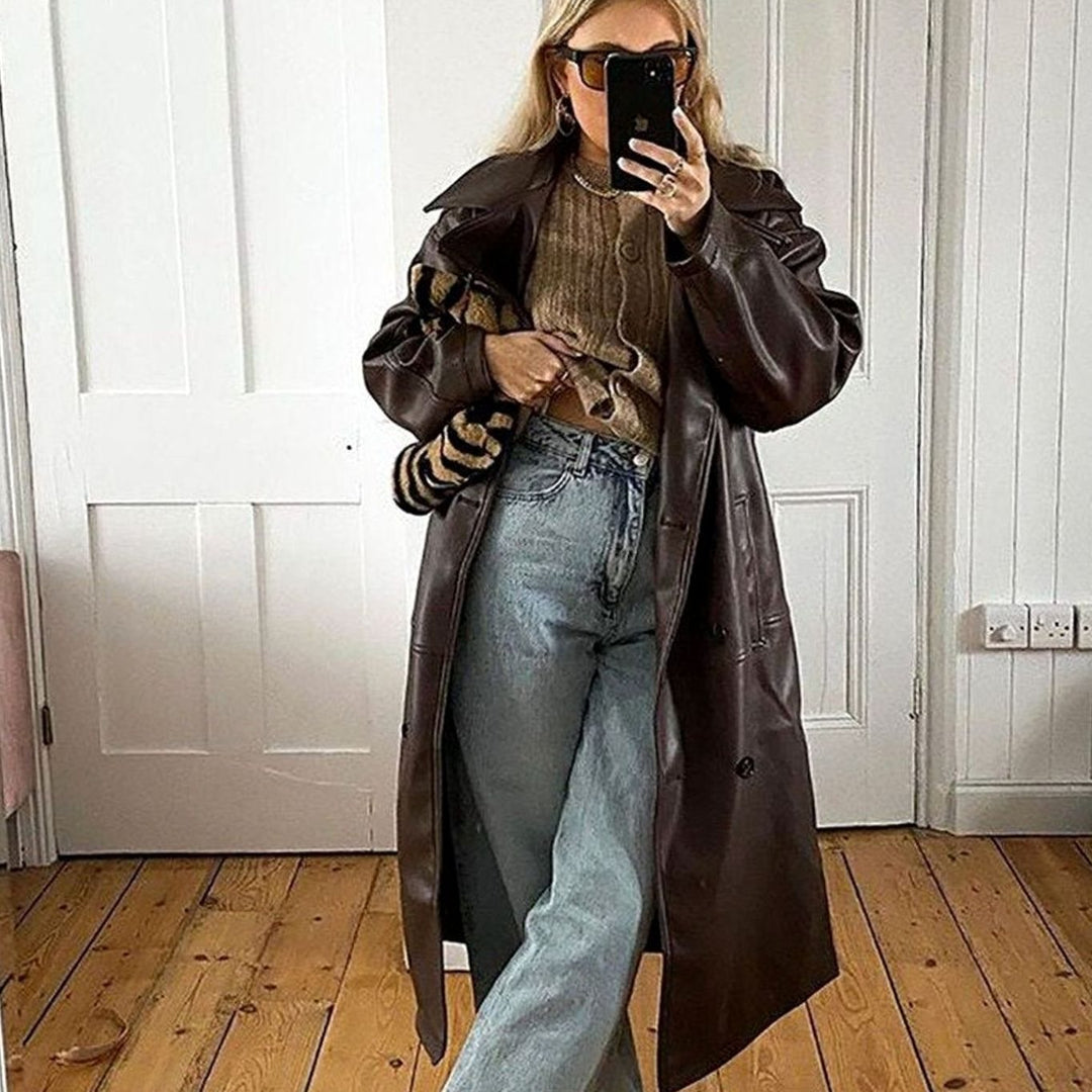 Women's Oversized Faux Leather Double-Breasted Trench Coat