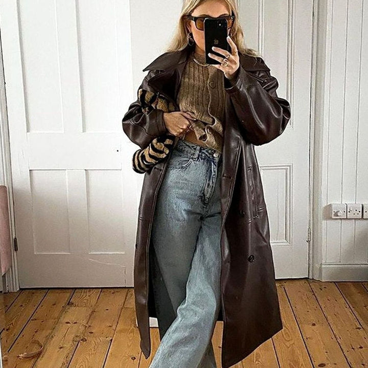 Women's Oversized Faux Leather Double-Breasted Trench Coat