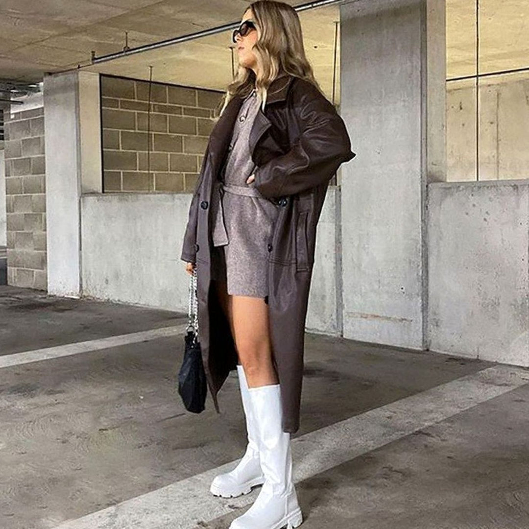 Women's Oversized Faux Leather Double-Breasted Trench Coat