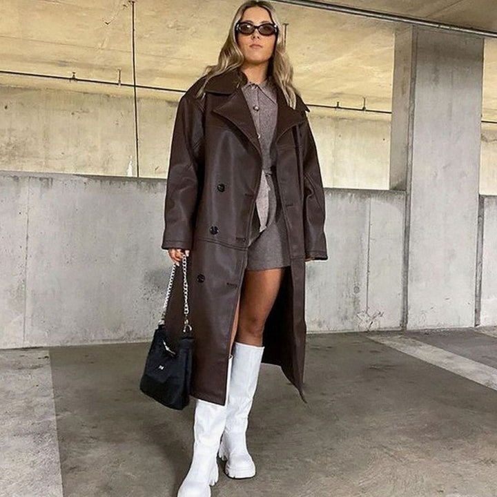 Women's Oversized Faux Leather Double-Breasted Trench Coat