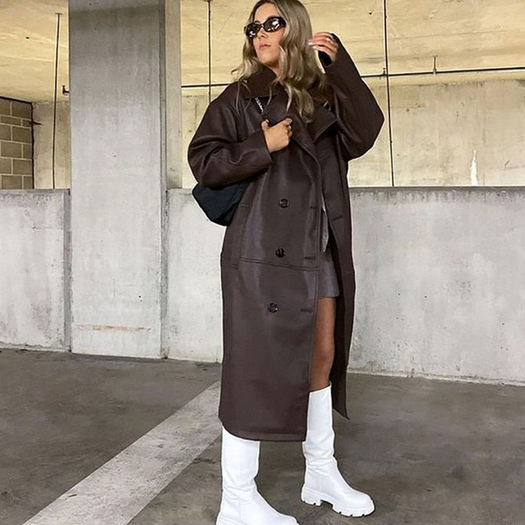 Women's Oversized Faux Leather Double-Breasted Trench Coat - Brown