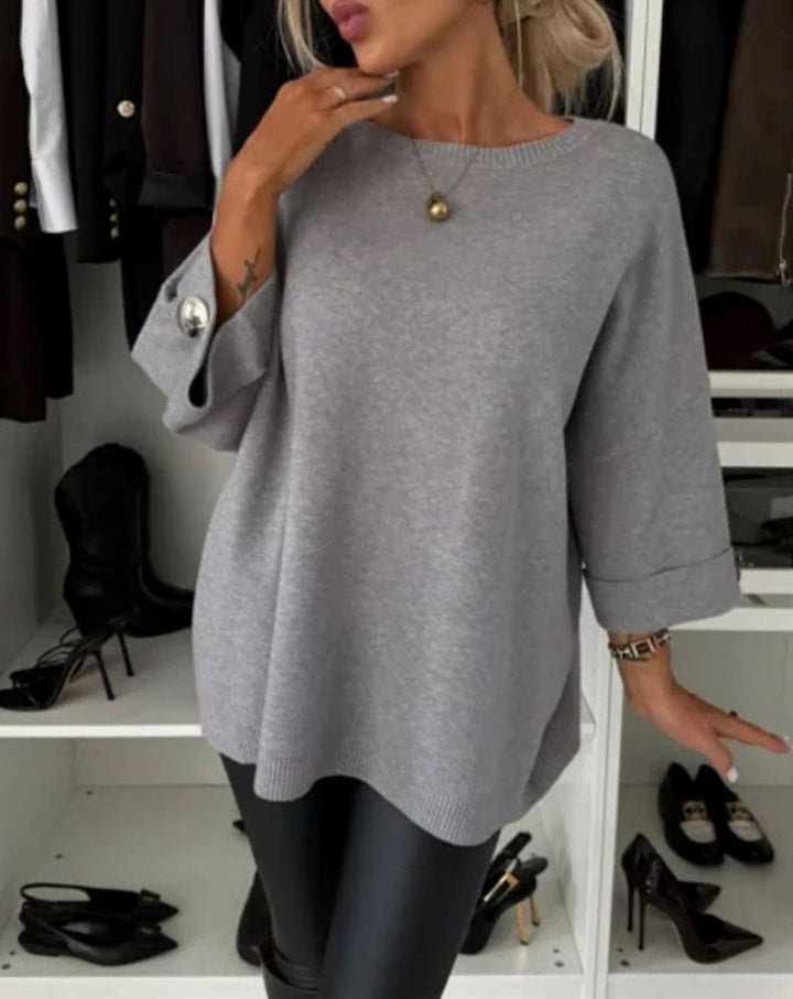 Women's Oversized Gold-Button Cuff Knitted Jumper - Grey