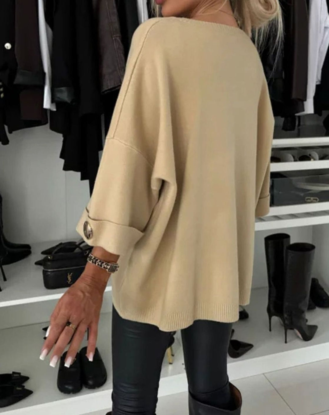 Women's Oversized Gold-Button Cuff Knitted Jumper