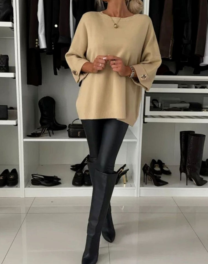 Women's Oversized Gold-Button Knitted Jumper - Beige