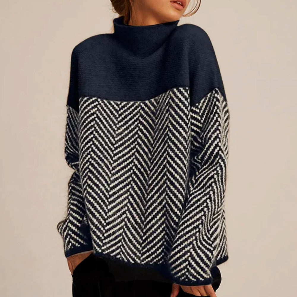 Women's Oversized Herringbone Turtleneck Jumper - Navy