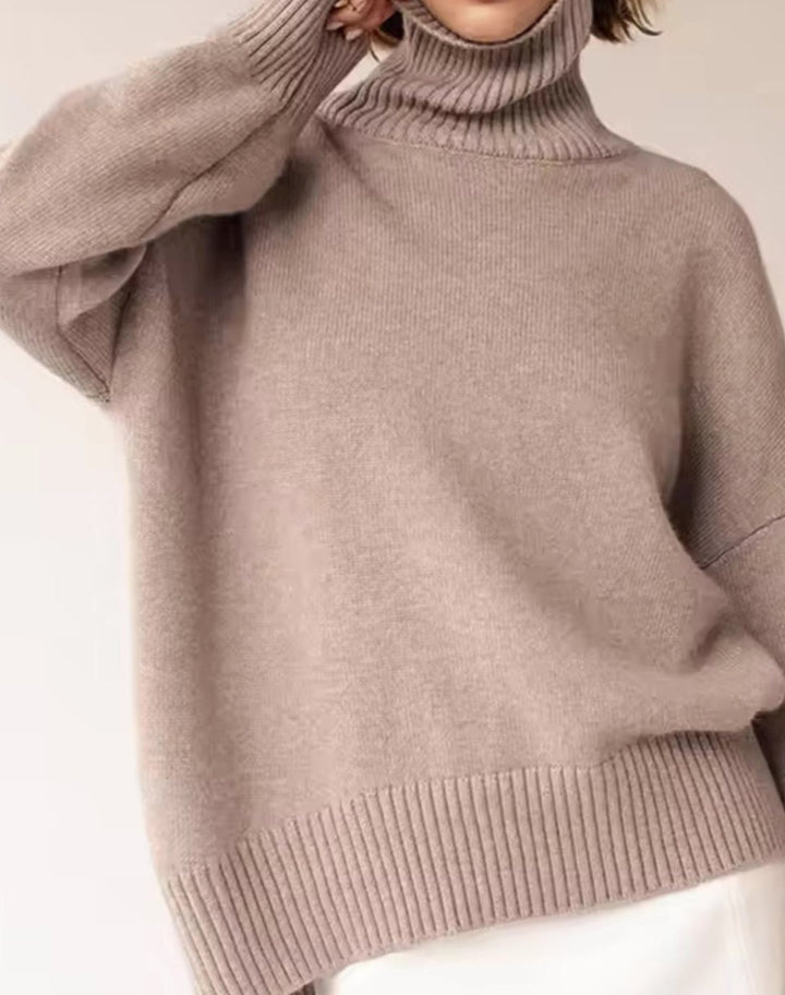 Women's Oversized High-Neck Knit Turtleneck Jumper - Khaki