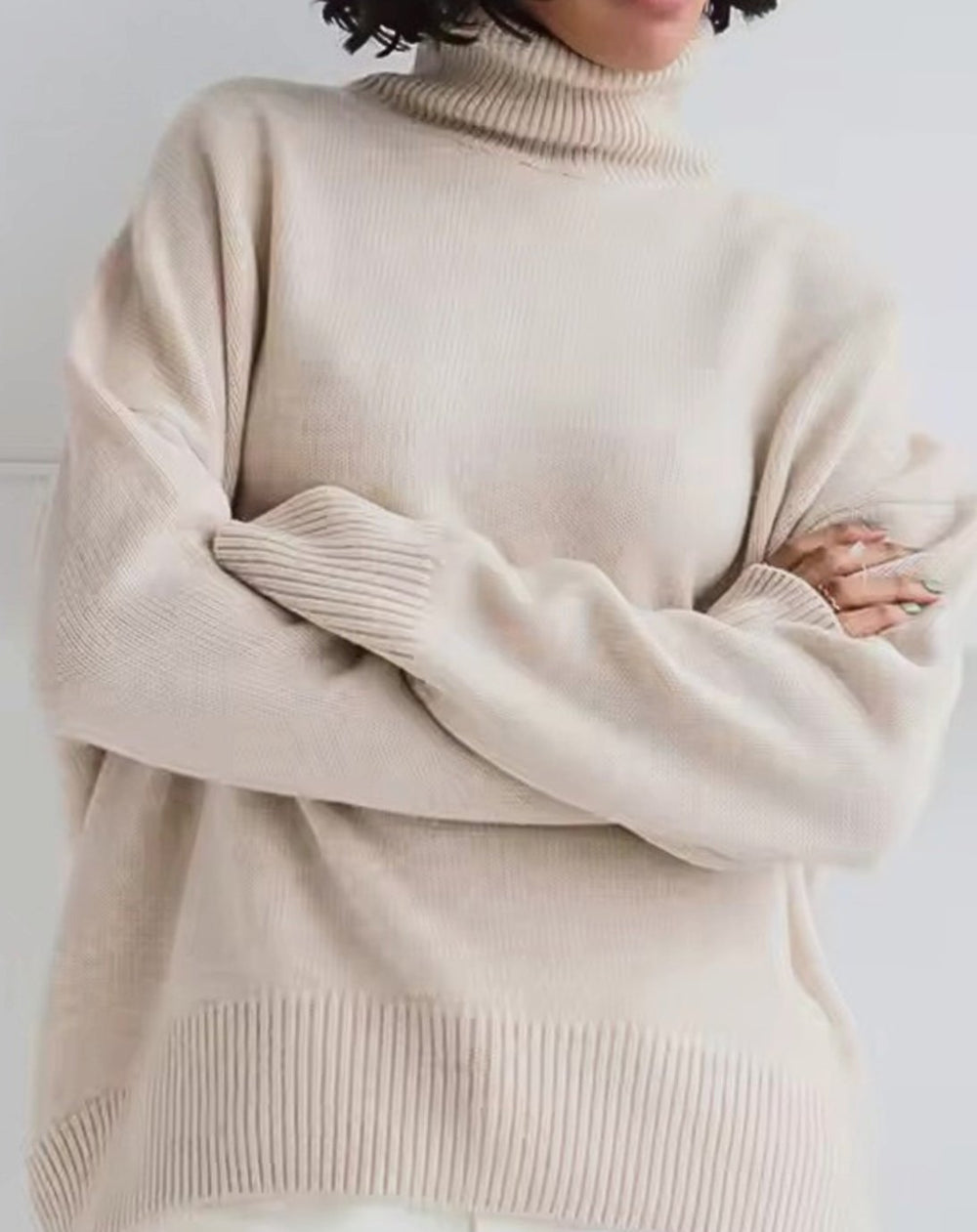 Women's Oversized High-Neck Knit Turtleneck Jumper - Apricot