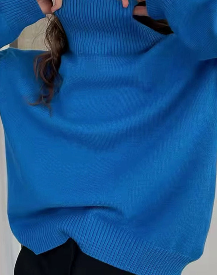Women's Oversized High-Neck Knit Turtleneck Jumper - Blue