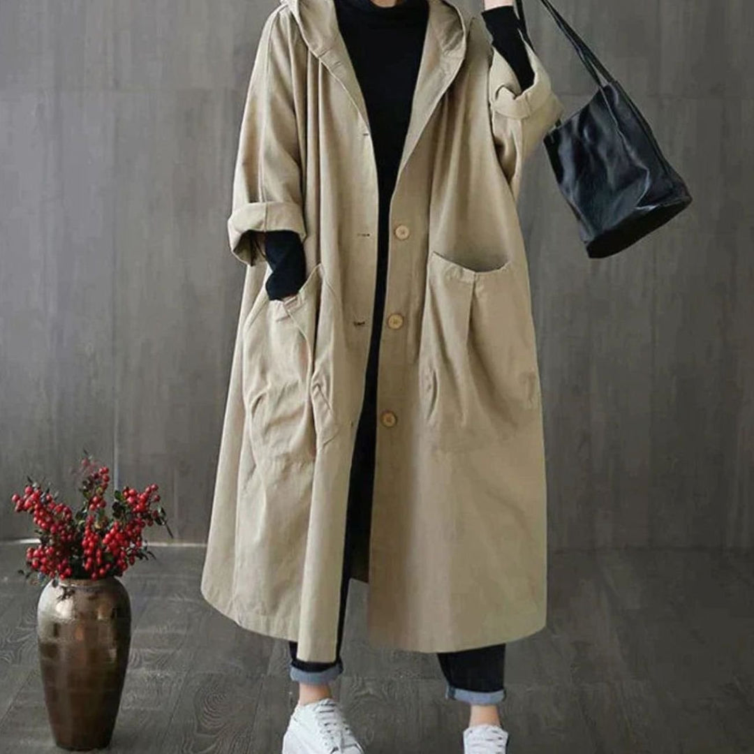 Women's Oversized Hooded Button-Front Longline Trench Coat, Khaki - Khaki