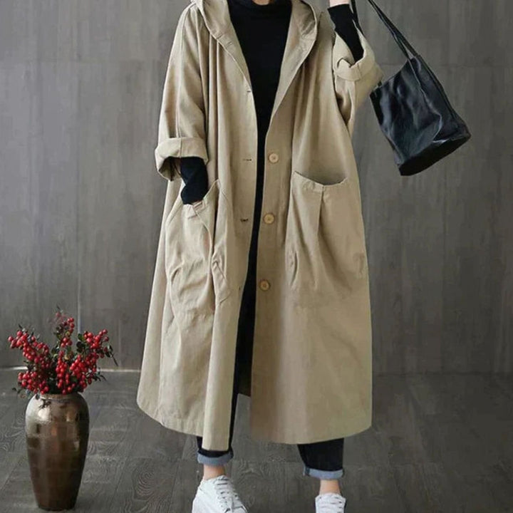 Women's Oversized Hooded Button-Front Longline Trench Coat, Khaki - Khaki