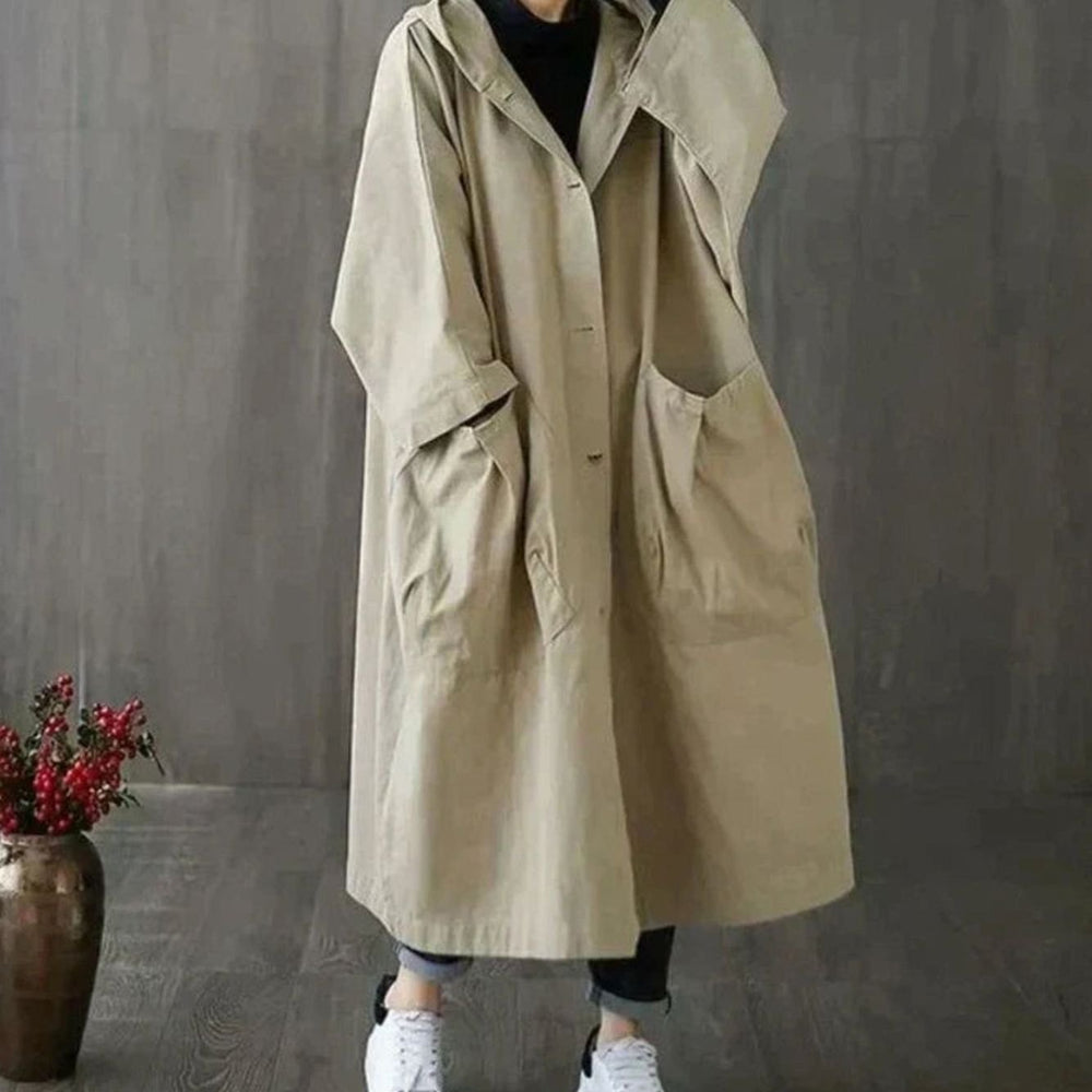 Women's Oversized Hooded Button-Front Longline Trench Coat, Khaki