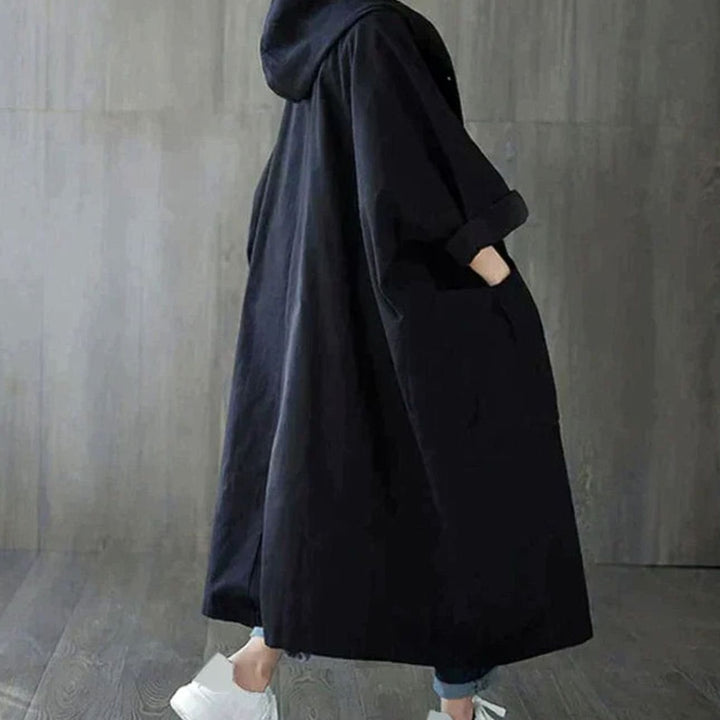 Women's Oversized Hooded Button-Front Longline Trench Coat, Khaki - Black