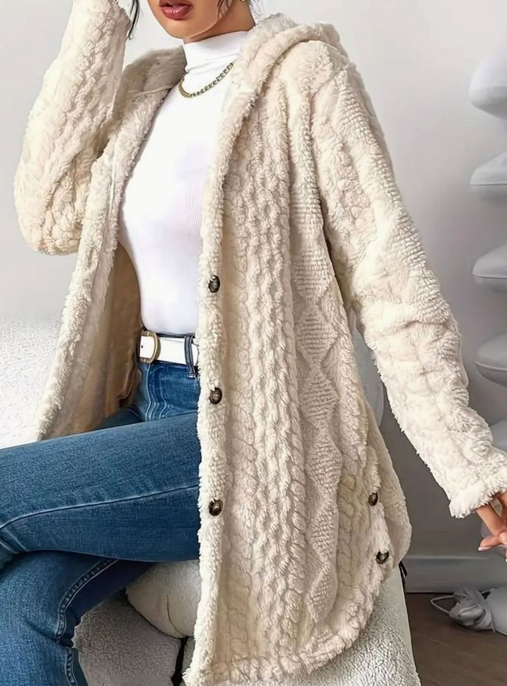 Women's Oversized Hooded Button-Front Plush Fleece Long Cardigan