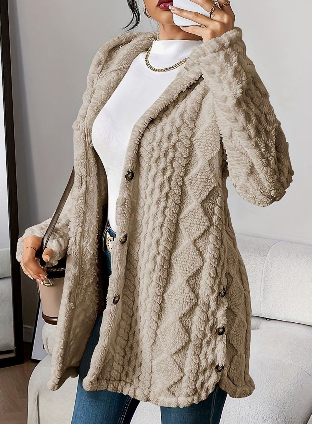 Women's Oversized Hooded Button-Front Plush Fleece Long Cardigan - Khaki