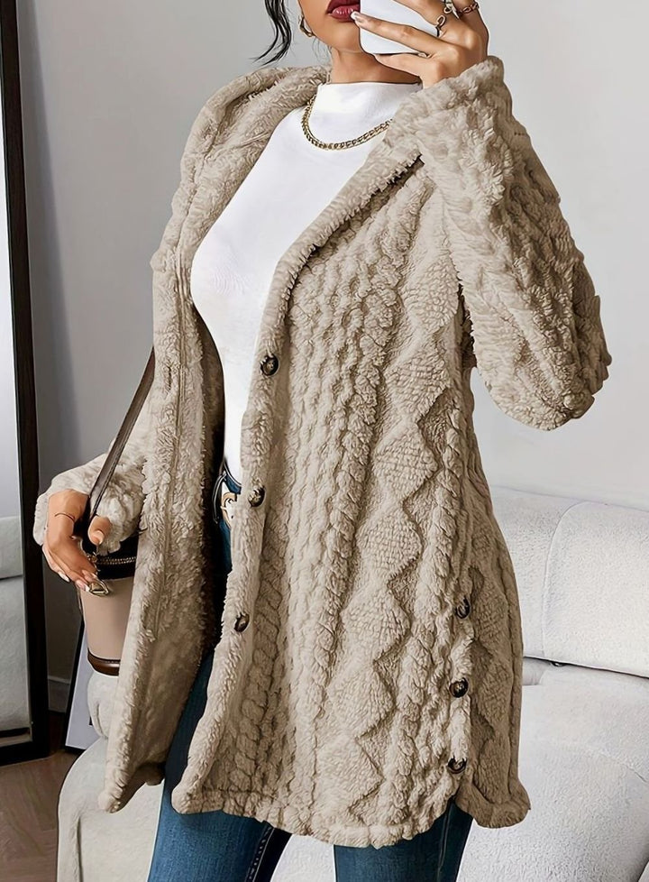 Women's Oversized Hooded Button-Front Plush Fleece Long Cardigan - Khaki