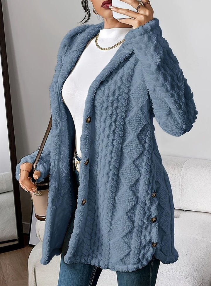 Women's Oversized Hooded Button-Front Plush Fleece Long Cardigan - Denim Blue