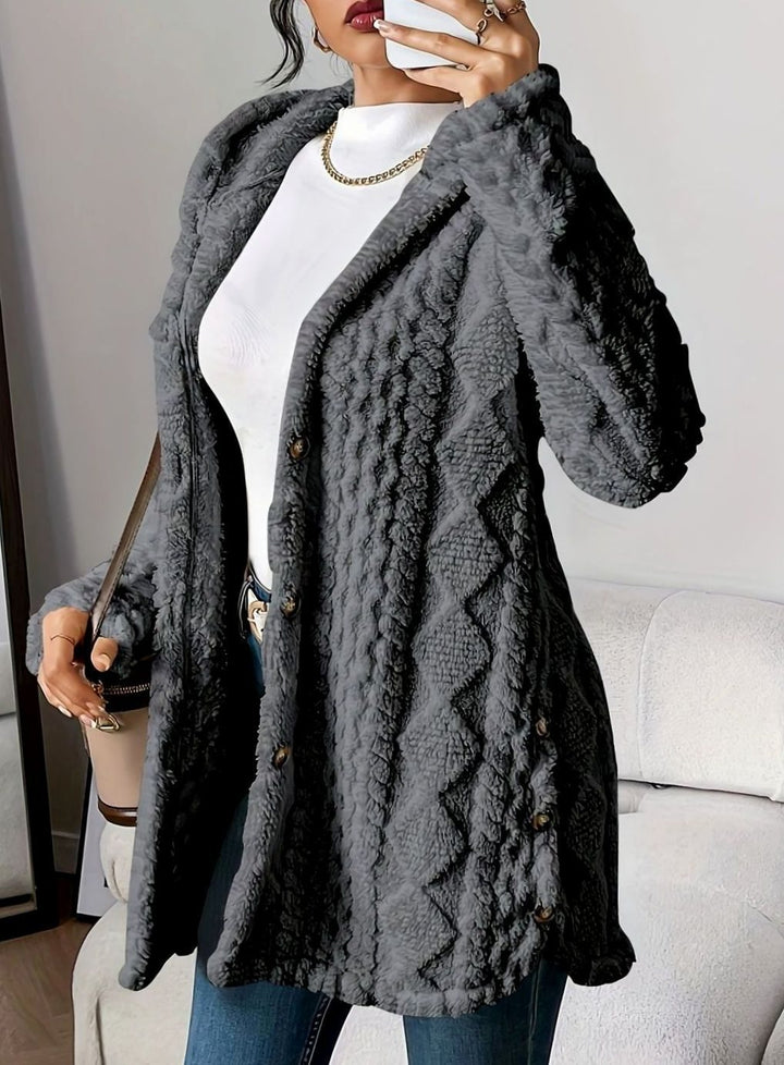 Women's Oversized Hooded Button-Front Plush Fleece Long Cardigan - Grey
