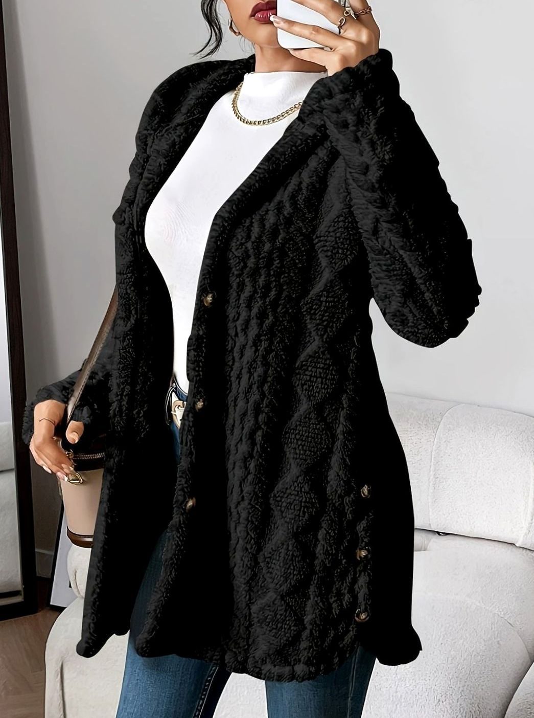 Women's Oversized Hooded Button-Front Plush Fleece Long Cardigan - Black