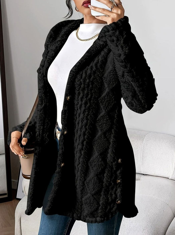 Women's Oversized Hooded Button-Front Plush Fleece Long Cardigan - Black
