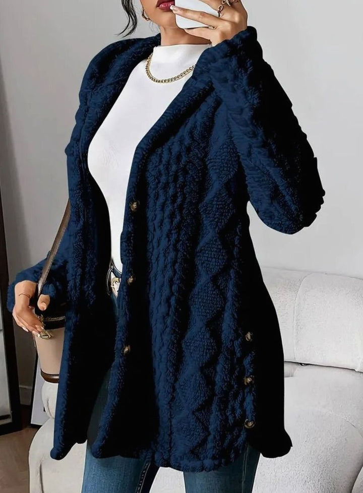 Women's Oversized Hooded Button-Front Plush Fleece Long Cardigan - Navy Blue
