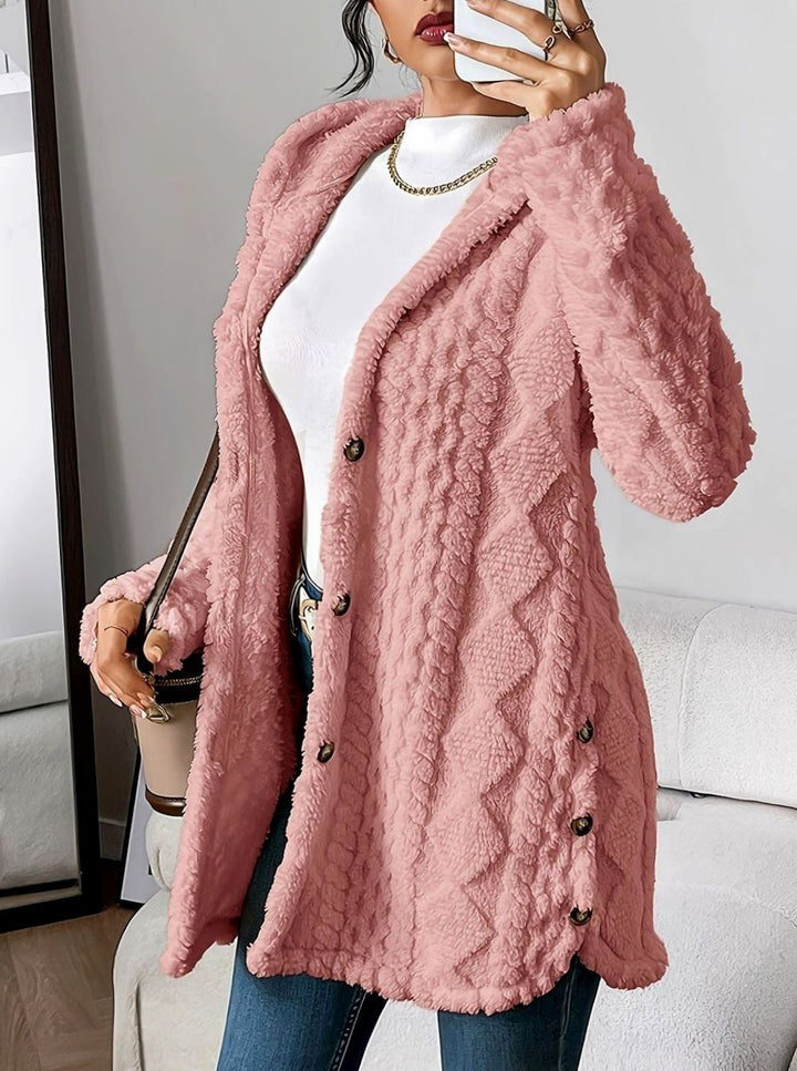 Women's Oversized Hooded Button-Front Plush Fleece Long Cardigan - Pink