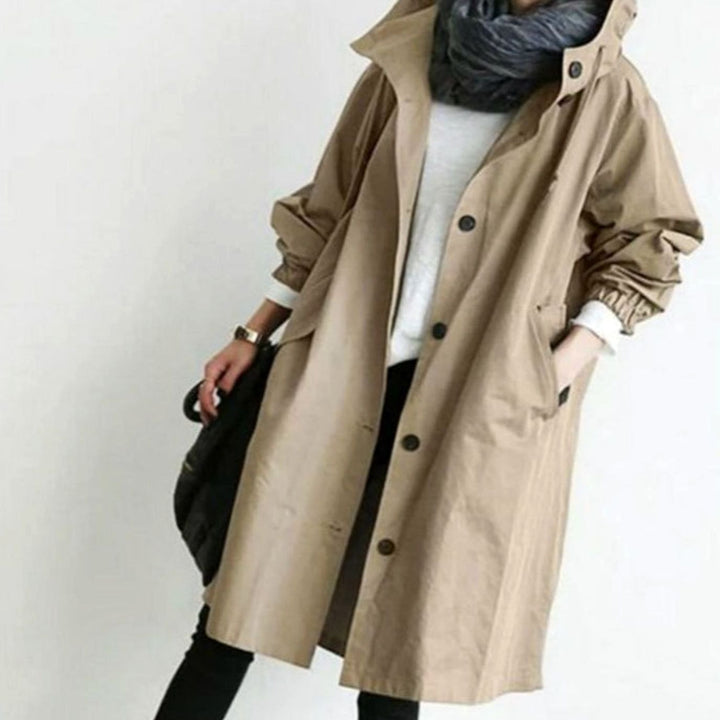 Women's Oversized Hooded Button-Front Trench Coat, Khaki - Khaki