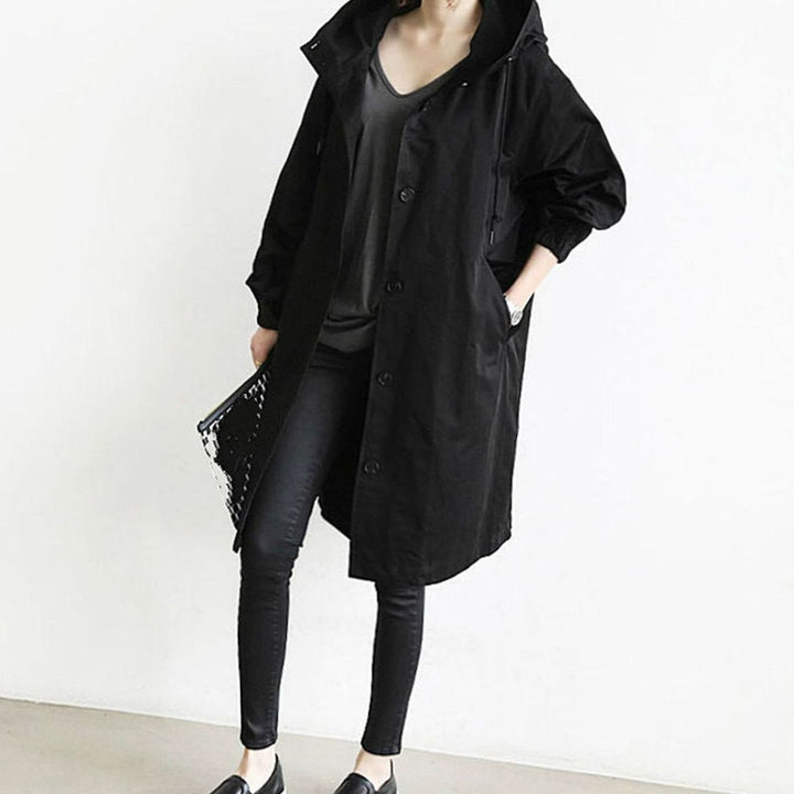Women's Oversized Hooded Button-Front Trench Coat, Khaki - Black