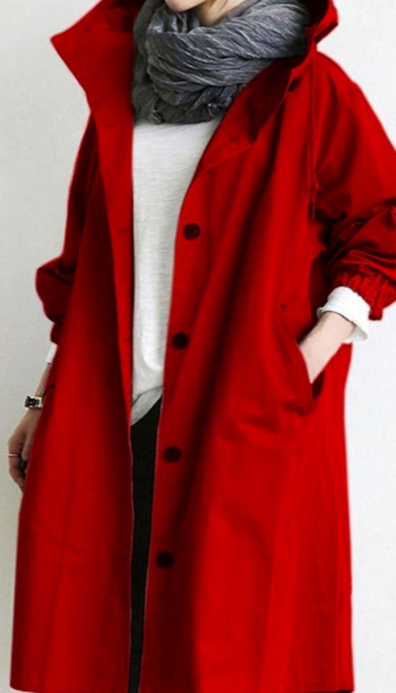 Women's Oversized Hooded Button-Front Trench Coat, Khaki - Red