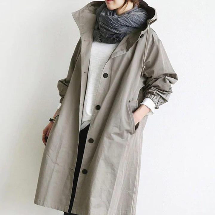 Women's Oversized Hooded Button-Front Trench Coat, Stone - Grey