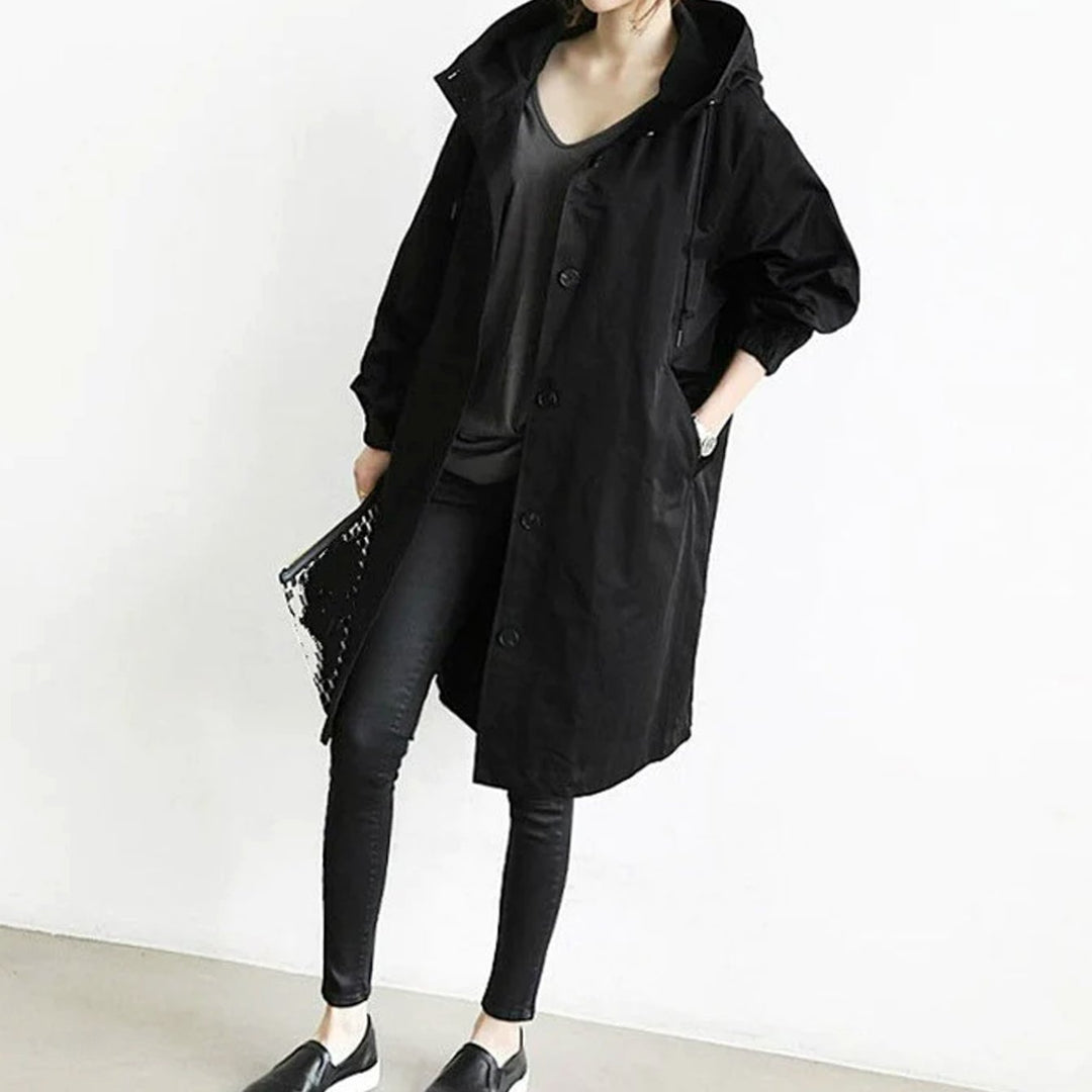 Women's Oversized Hooded Button-Front Trench Coat, Stone - Black