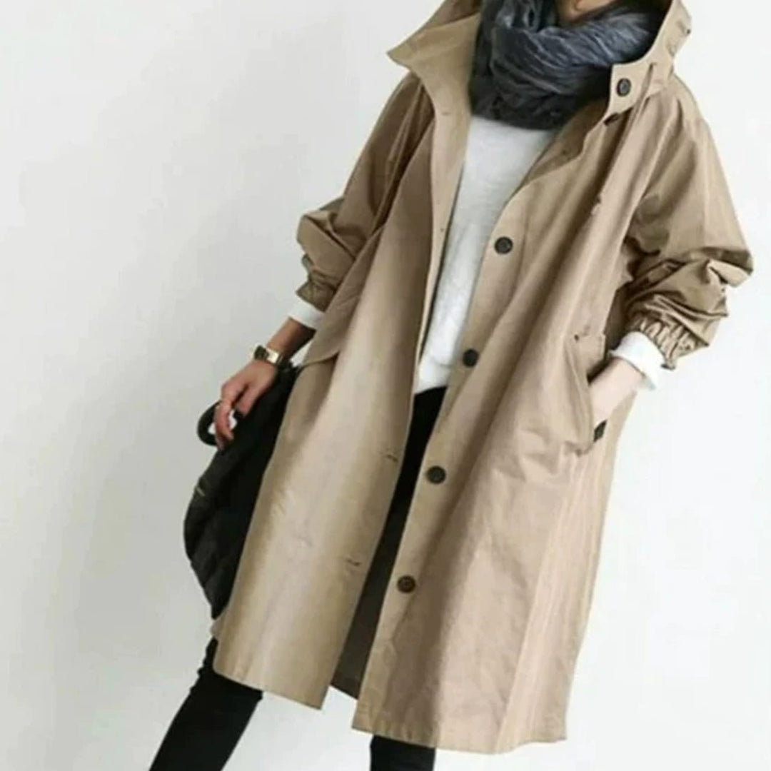 Women's Oversized Hooded Button-Front Trench Coat, Stone - Brown