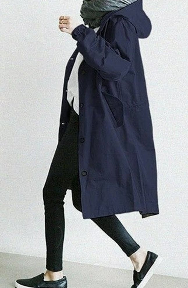 Women's Oversized Hooded Button-Front Trench Coat, Stone - Navy Blue