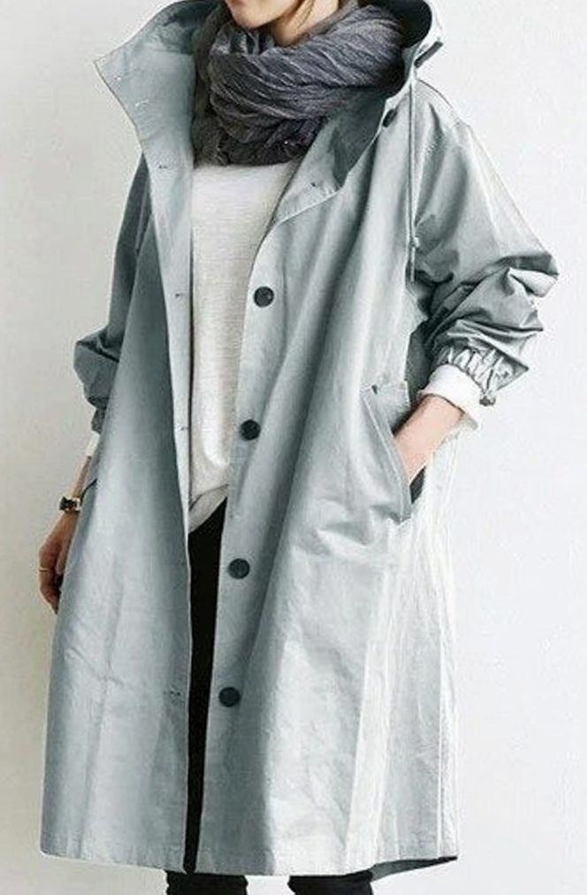 Women's Oversized Hooded Button-Front Trench Coat, Stone - Light Turquoise