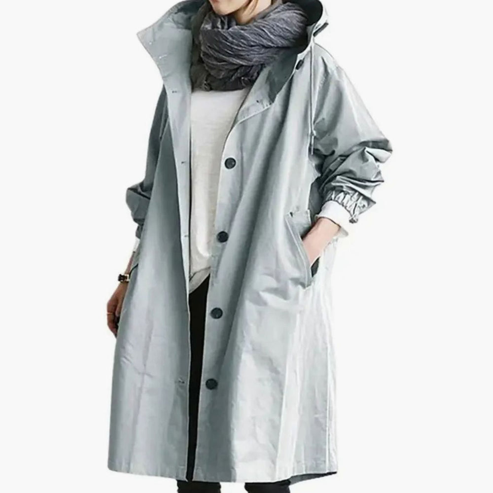 Women's Oversized Hooded Button-Front Windproof Trench Coat, Light Grey - Light Blue