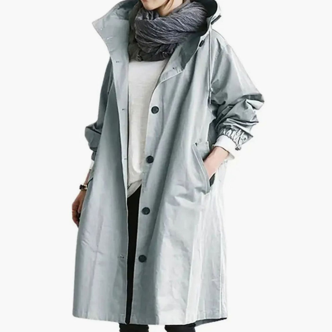 Women's Oversized Hooded Button-Front Windproof Trench Coat, Light Grey - Light Blue