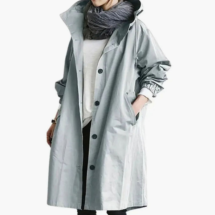 Women's Oversized Hooded Button-Front Windproof Trench Coat, Light Grey - Light Blue