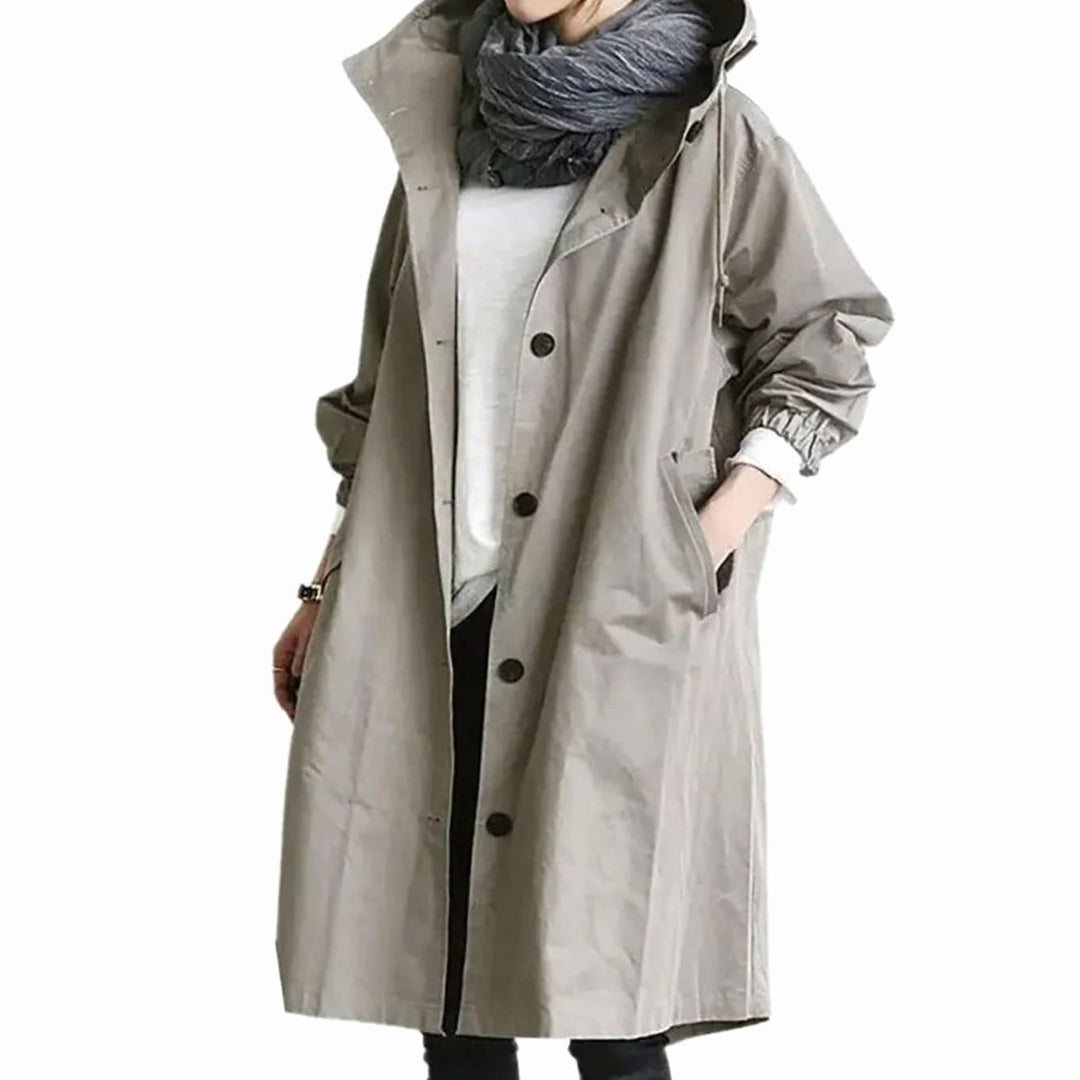 Women's Oversized Hooded Button-Front Windproof Trench Coat, Light Grey - Light Grey