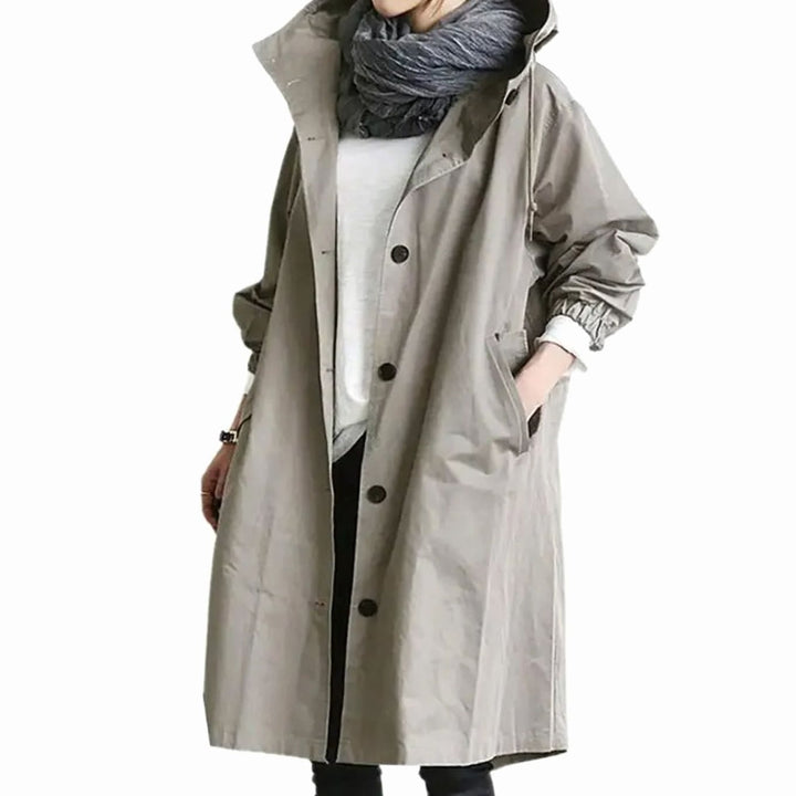 Women's Oversized Hooded Button-Front Windproof Trench Coat, Light Grey - Light Grey