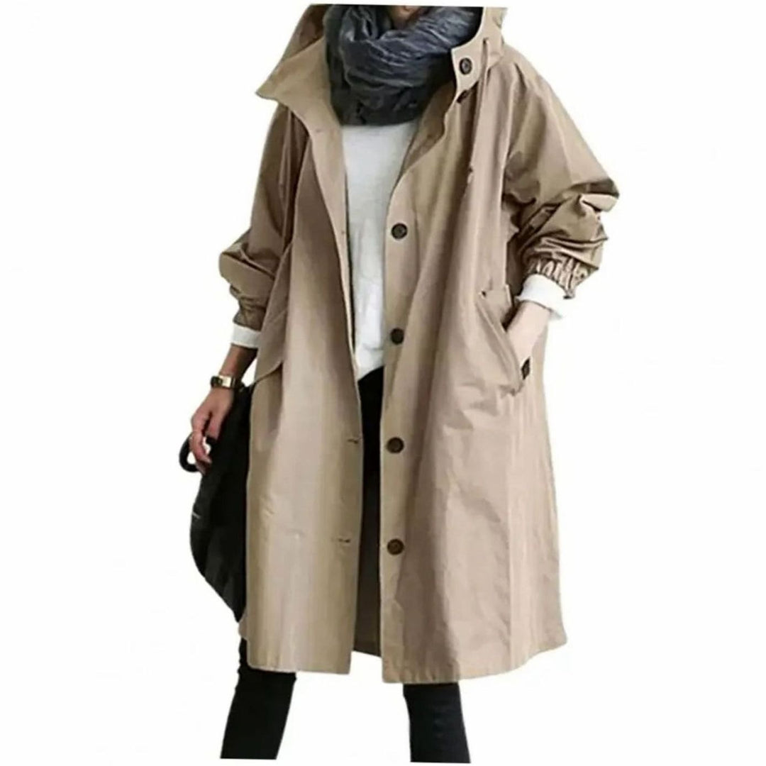 Women's Oversized Hooded Button-Front Windproof Trench Coat, Light Grey - Khaki