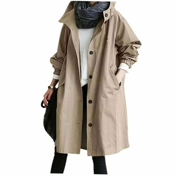 Women's Oversized Hooded Button-Front Windproof Trench Coat, Light Grey - Khaki