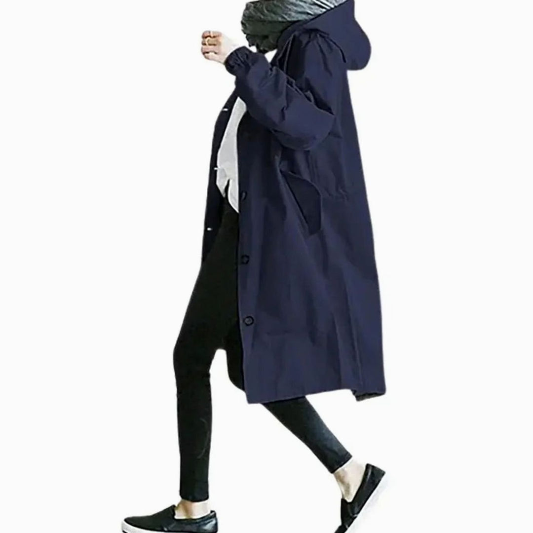 Women's Oversized Hooded Button-Front Windproof Trench Coat, Light Grey - Navy Blue