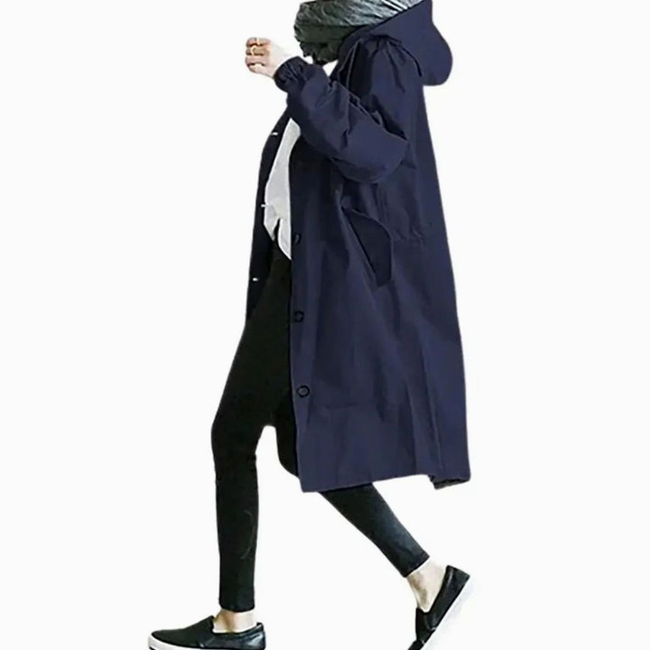 Women's Oversized Hooded Button-Front Windproof Trench Coat, Light Grey - Navy Blue