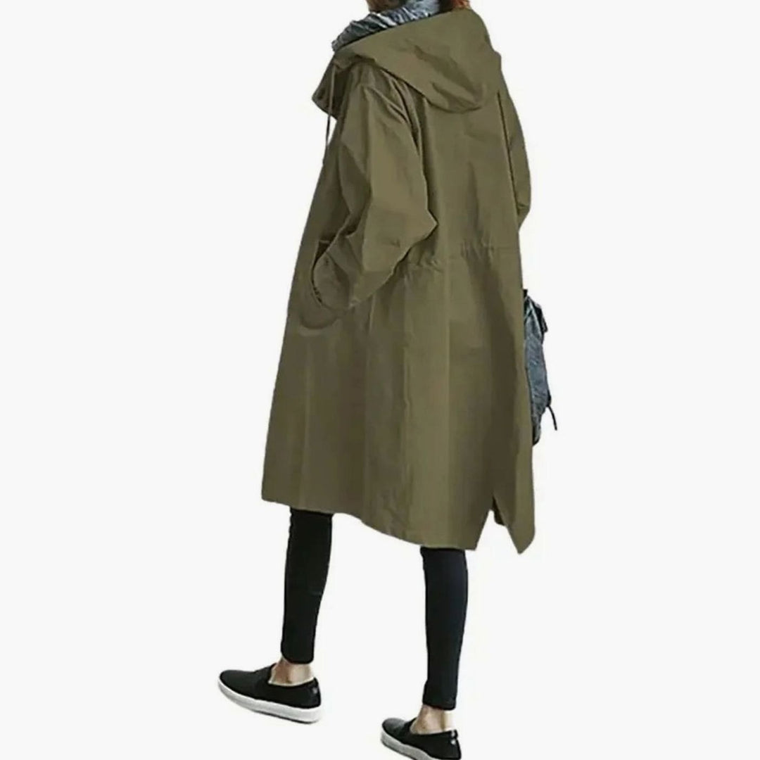 Women's Oversized Hooded Button-Front Windproof Trench Coat, Light Grey - Army Green