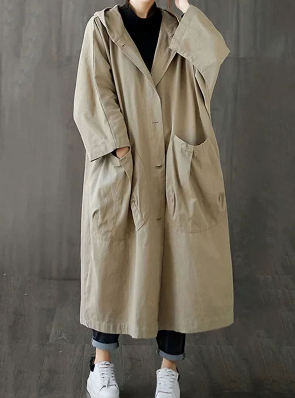 Women's Oversized Hooded Button-Up Long Trench Coat