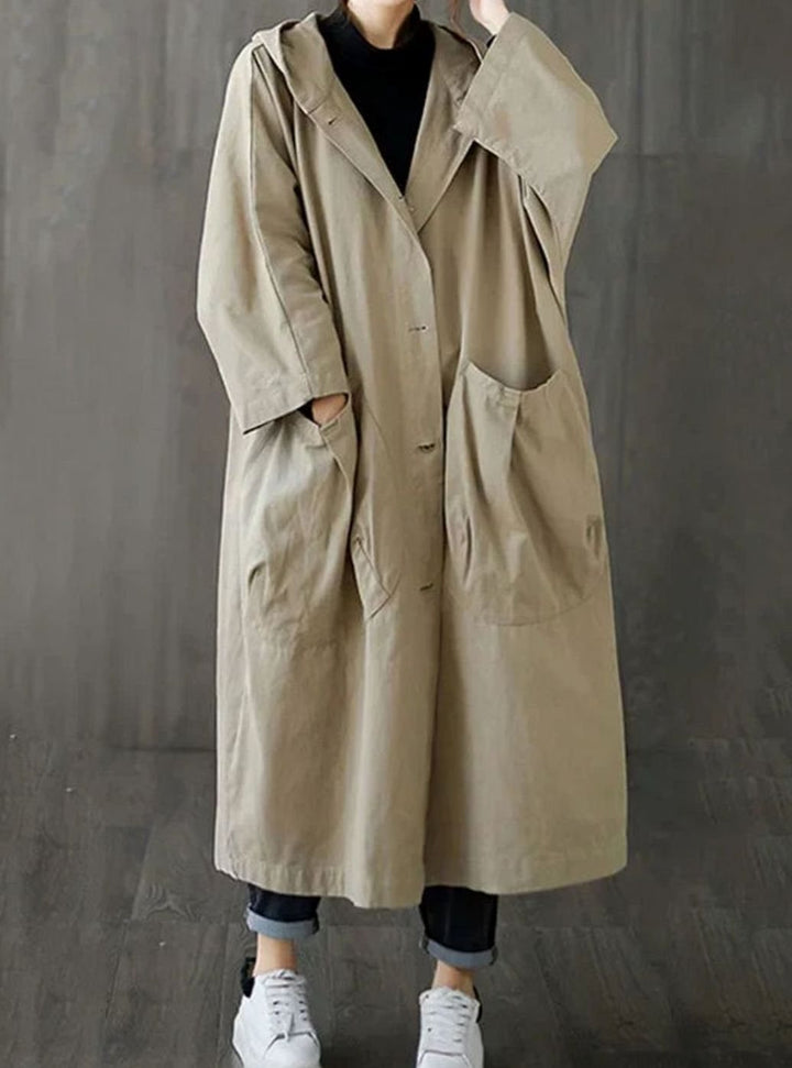 Women's Oversized Hooded Button-Up Long Trench Coat