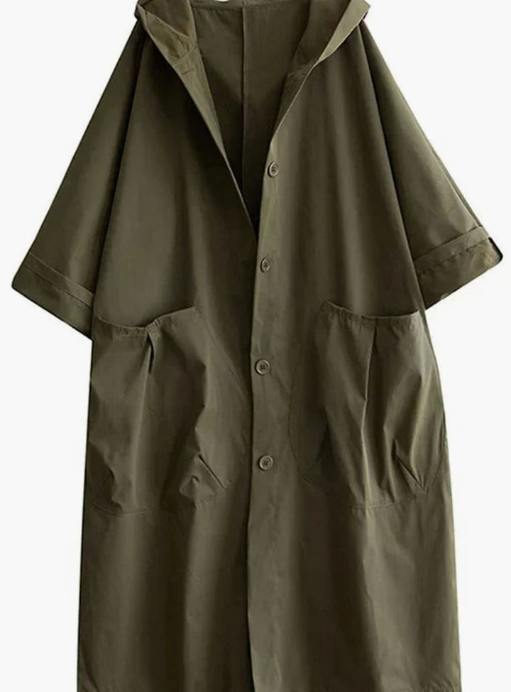 Women's Oversized Hooded Button-Up Long Trench Coat - Green