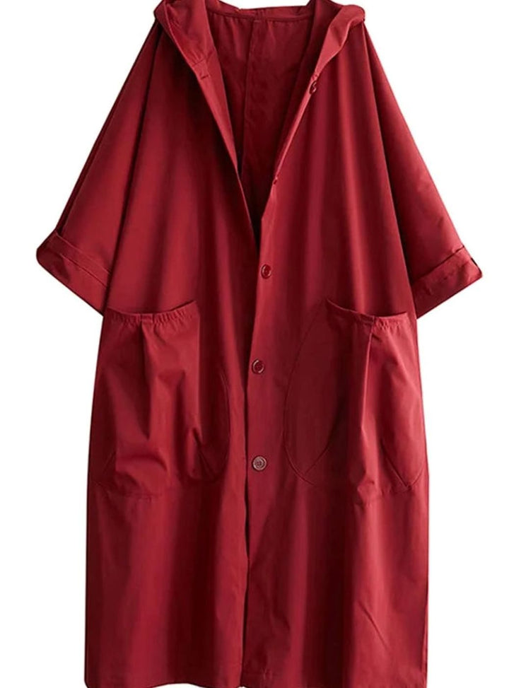 Women's Oversized Hooded Button-Up Long Trench Coat - Red
