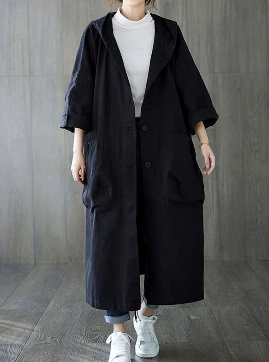 Women's Oversized Hooded Button-Up Long Trench Coat