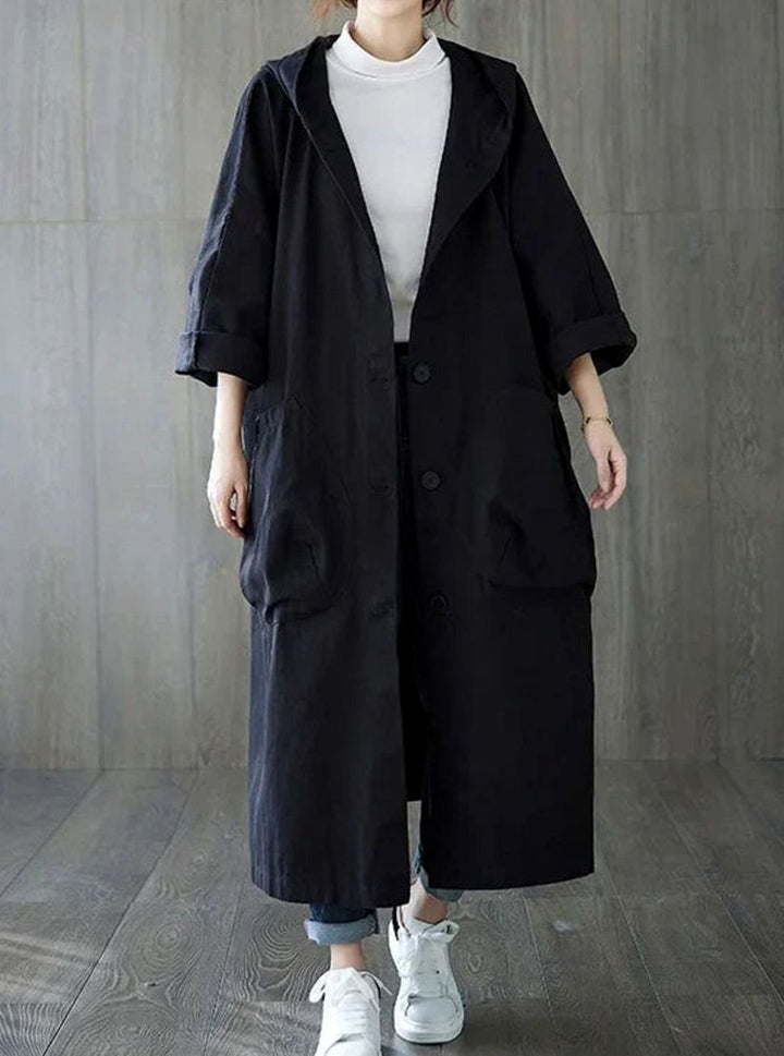 Women's Oversized Hooded Button-Up Long Trench Coat