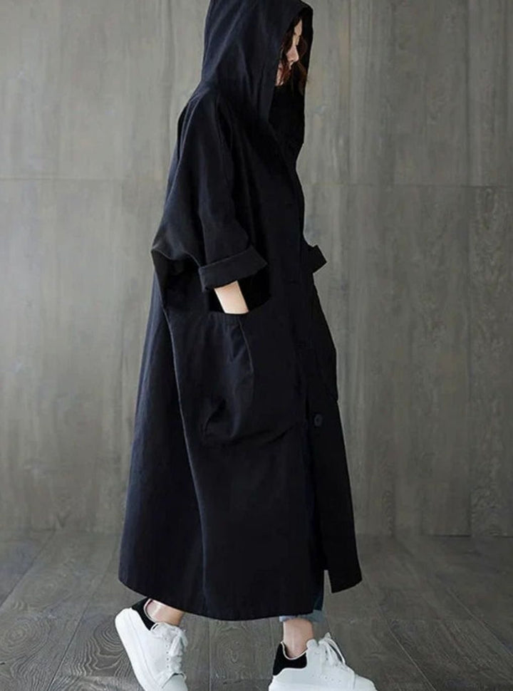 Women's Oversized Hooded Button-Up Long Trench Coat